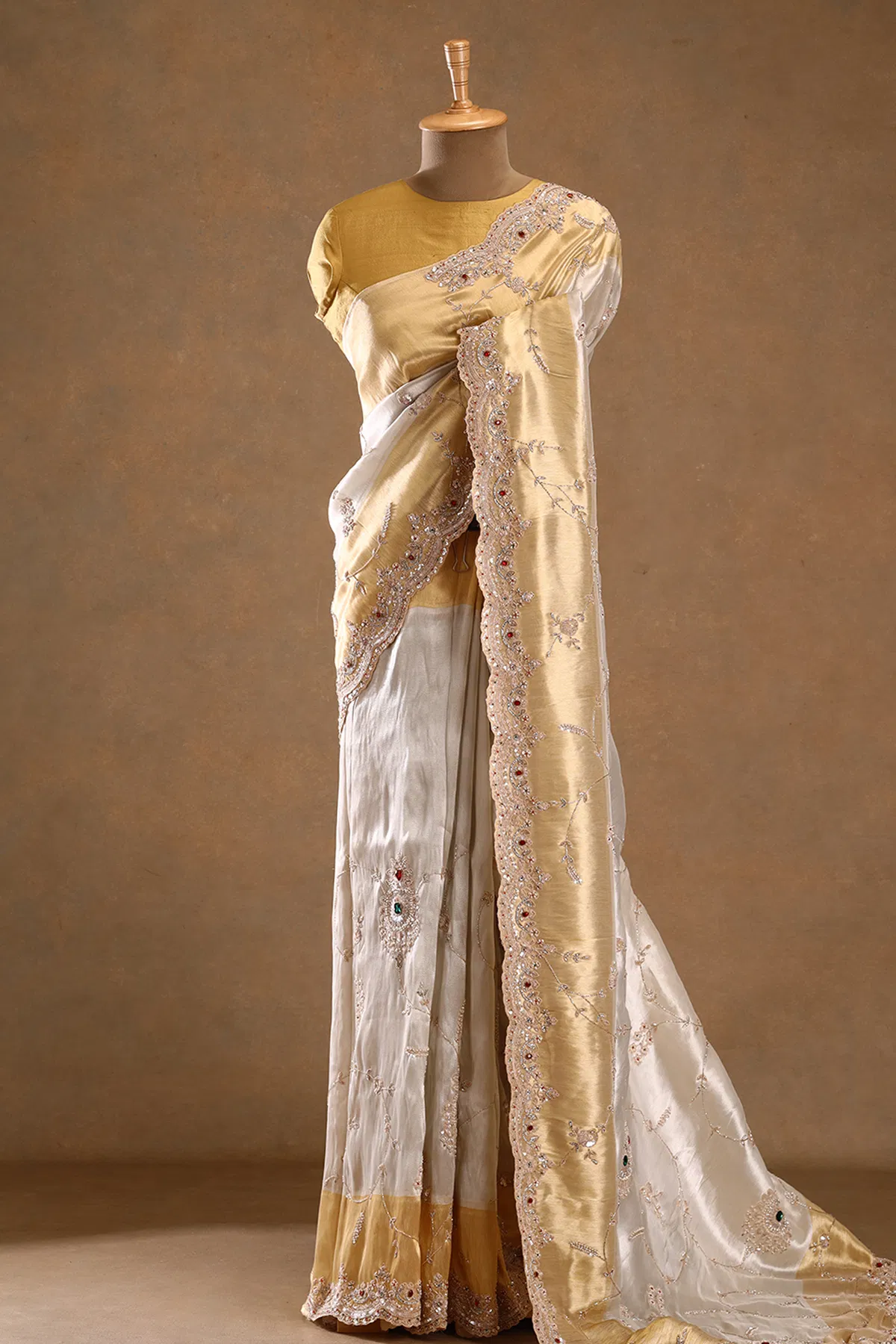 Off white beads embroidered tissue designer saree
